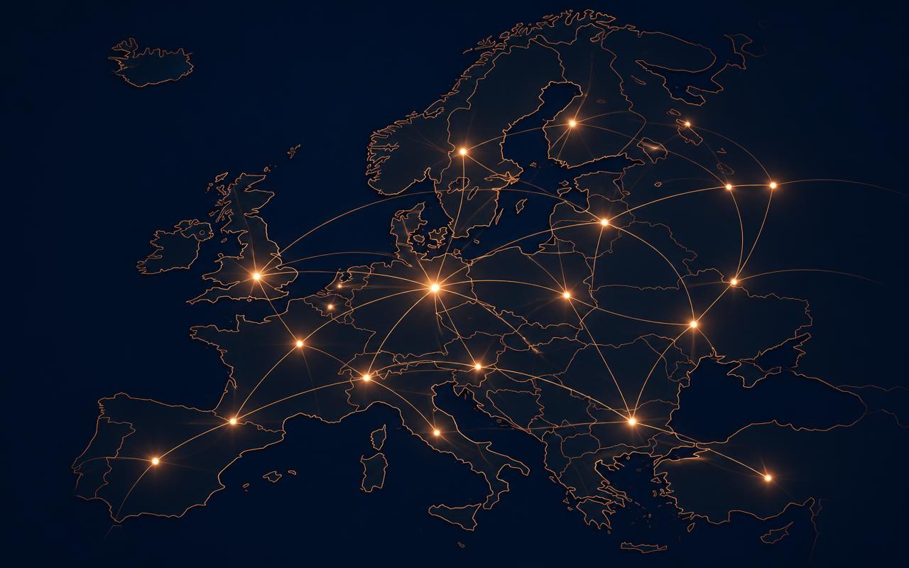 Mapa Europy z zaznaczonymi punktami współpracy biura rachunkowego